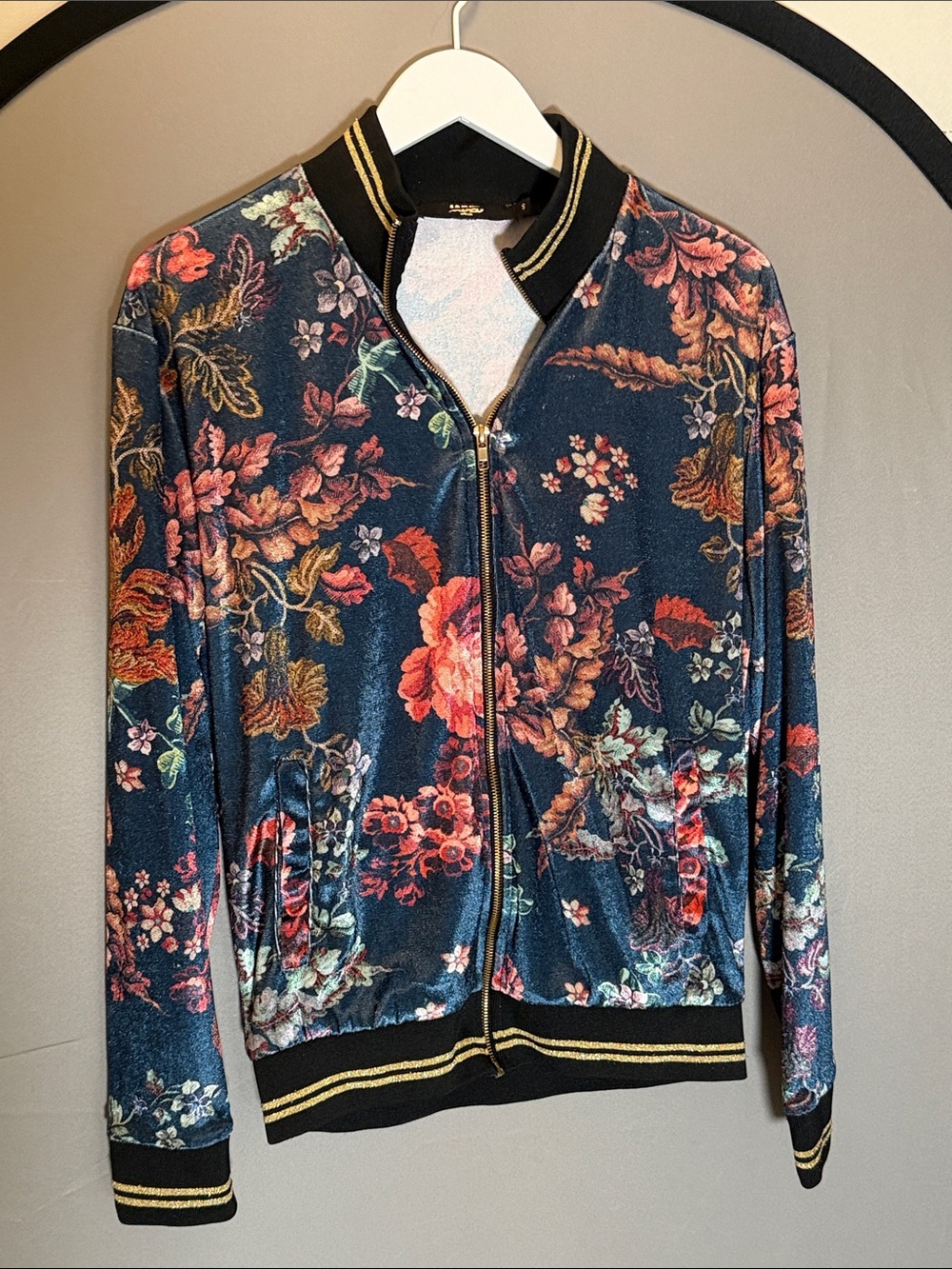 ASOS Navy Floral Velvet Bomber Jacket with Gold Trim